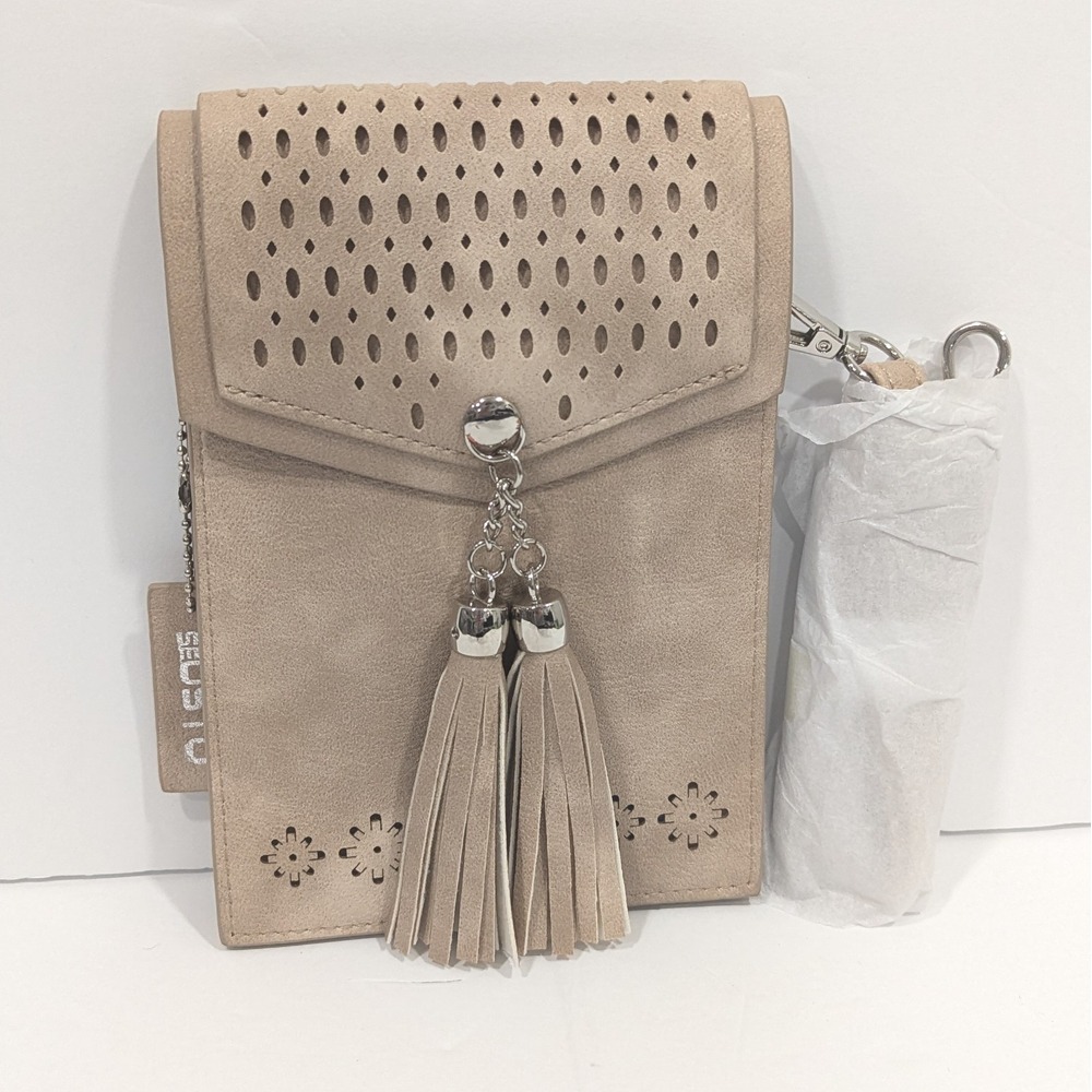 Beige Suede Crossbody Phone Bag with Tassels